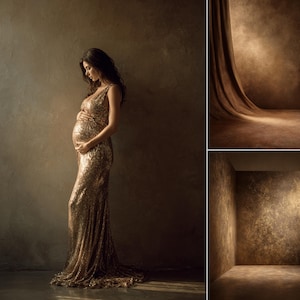 May include: A woman in a gold sequined gown stands in profile, hands gently cradling her pregnant belly. The dress shimmers with light, contrasting against the muted, textured backdrop. The image evokes a sense of elegance and anticipation, perfect for maternity photography.