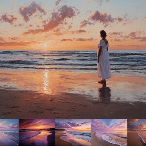 Puede incluir: Pintura al óleo de una playa al atardecer. El cielo está lleno de nubes naranjas y rosas que se reflejan en la arena mojada. Una persona con un vestido blanco está de pie en la orilla del agua, mirando hacia el horizonte. La obra evoca paz.