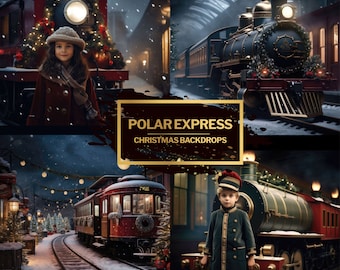 46 Polar Express Christmas Digital Backdrops for Kids and Family Christmas Train Photography Composite Snow Winter Village North Pole Train