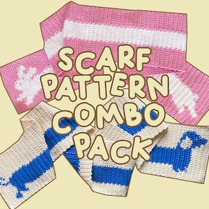May include: A set of four crochet scarf patterns featuring a striped design and a small animal graphic. The patterns are titled "Scarf Pattern Combo Pack".