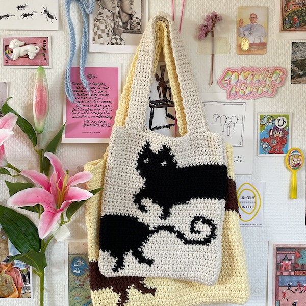 PDF Kitty Cat Tote Bag Crochet Pattern | Cute Easy Beginner Project | Handmade Gift Idea | Kitten Kat Feline Pet | Tote Bag Shoulder Bag