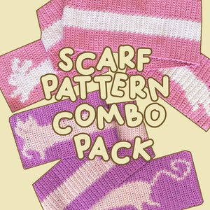 May include: A set of four crochet scarf patterns featuring different designs. The patterns include a striped scarf, a scarf with a moose design, a scarf with a dog design, and a scarf with a mouse design. The patterns are all in pink and white.