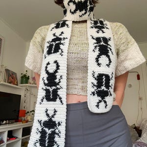 Può includere: Sciarpa bianca all'uncinetto con motivo a scarabeo nero. La sciarpa è indossata intorno al collo e scende sul davanti. Il motivo a scarabeo si ripete lungo tutta la lunghezza della sciarpa. La sciarpa è abbinata a un maglione color crema e una gonna grigia.