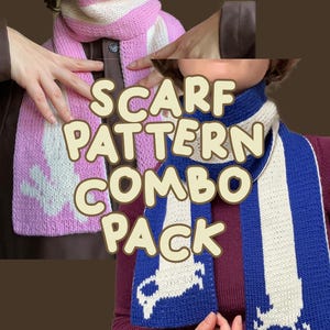 May include: Two knitted scarves are shown, one pink and white, the other blue and white. The pink scarf has a floral design, and the blue scarf features a stylized animal pattern. The image includes the text "SCARF PATTERN COMBO PACK".