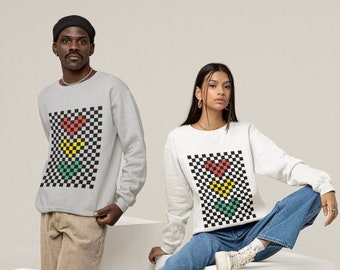 Pixel Art Heart Checkerboard Sweatshirt, Trendy Y2k Aesthetics Pullover, Trendy Crewneck Birthday Gift