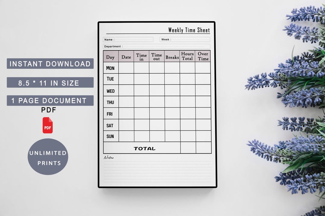 Weekly Time Sheet Log: Printable Work Hours Tracker (PDF) - Etsy UK