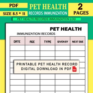 Pet Health Records | Vaccination and Immunization Tracker | Printable PDF | Pet Profile | Vet Visits Log | Instant Download-Pet Planner