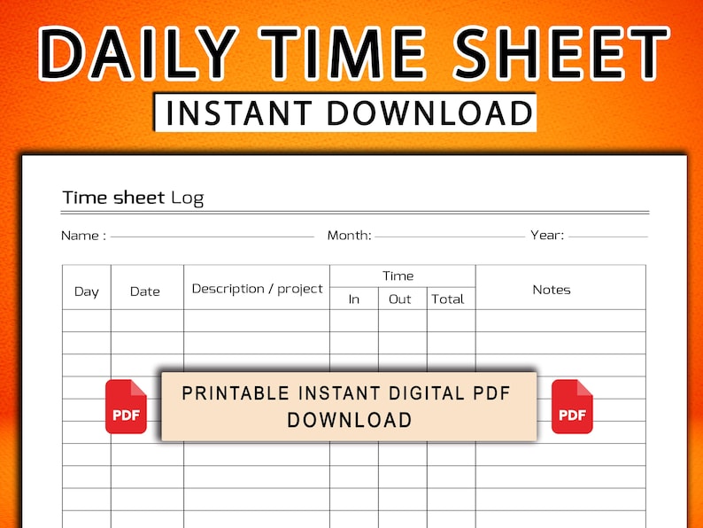 Daily Timesheet Template Printable | Work Hours Tracker PDF | Employee ...