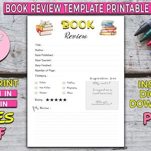 Book Review Template Printable – Reading Log Journal for Kids & Adults – Book Report Worksheet PDF – Homeschool and Classroom Resource.