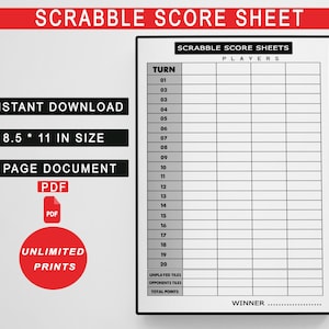 Feuille de score de Scrabble - Suivi de partie imprimable pour les joueurs de Scrabble - Feuilles de score personnalisables pour une partie de Scrabble. Suivi des scores