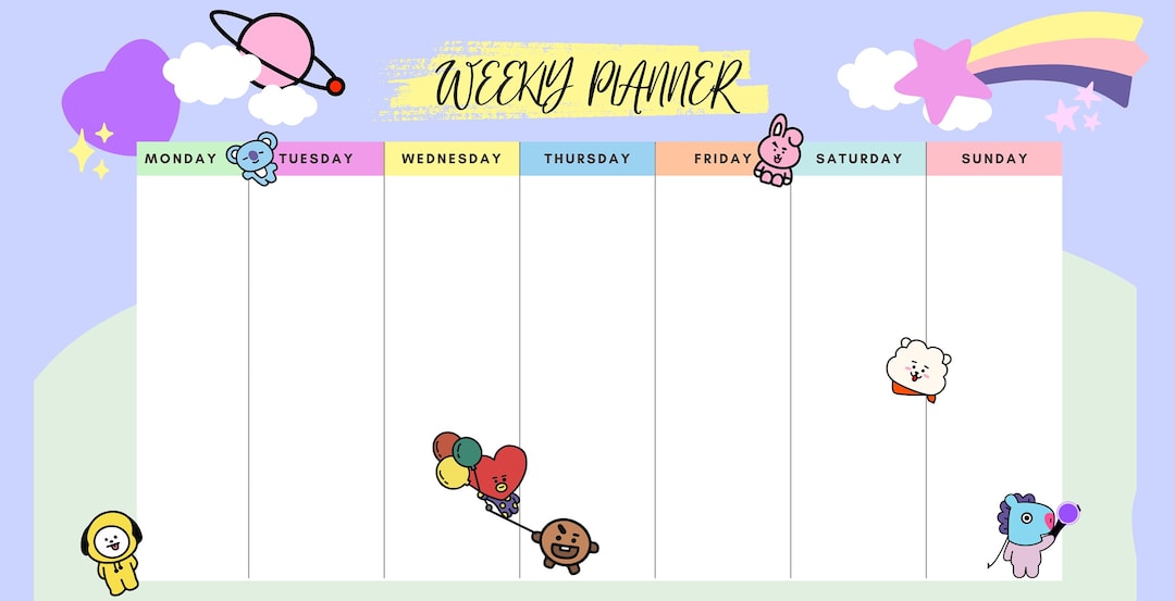 BTS Digital Weekly Calendar BT21 Printable Calendar ARMY Weekly Planner
