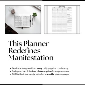 May include: A black planner open to a weekly spread, with a pen and small plant on a white surface. Text reads "This Planner Redefines Manifestation" with bullet points about gratitude, Law of Assumption, and the 369 Method.