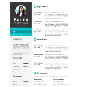 May include: A resume for Korina Villanueva, a professional accountant. The resume includes sections for experience, education, expertise, language, and references.