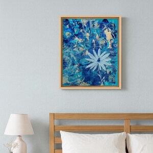 Floral Series No. 2: Cerulean – Original Blue Abstract Painting, 8x10 Canvas Panel in Oak Floater Frame | Modern Botanical Wall Art