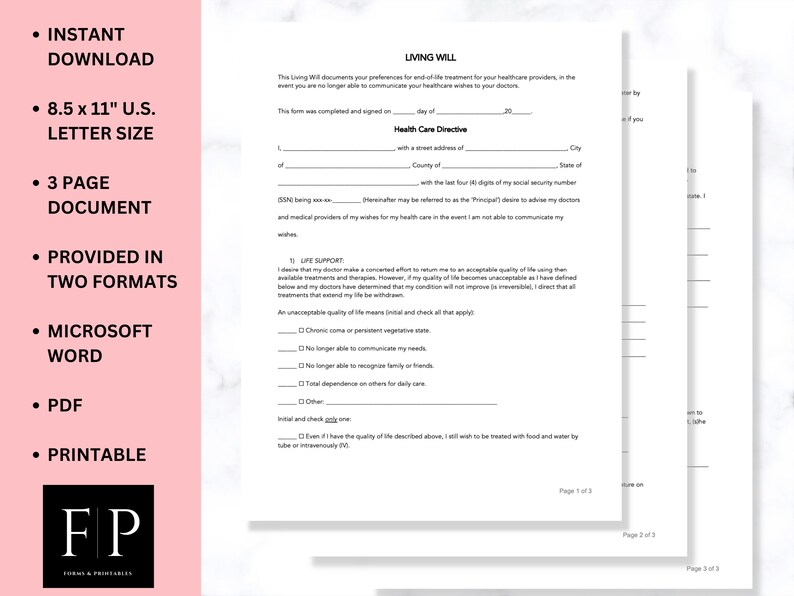 Living Will Form Health Care Directive Advanced Directives - Etsy