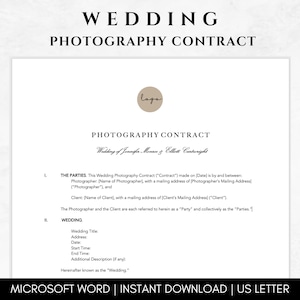 May include: A black and white wedding photography contract template with the title "Wedding Photography Contract" and the text "Wedding of Jennifer Mourn & Elliott Cartwright".
