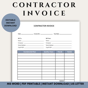 Subunternehmer Rechnung Vorlage | Bearbeitbar in MS WORD | Druckbare PDF | Sofort Download