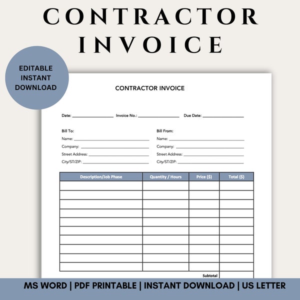 Contractor Invoice Template | Editable in MS WORD | Printable PDF | Instant Download