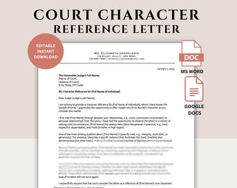 Court Character Reference Letter Template | Editable Court Character Template | MS Word | Google Docs