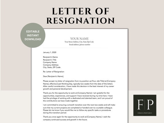 Resignation Letter Template| Editable | Microsoft Word
