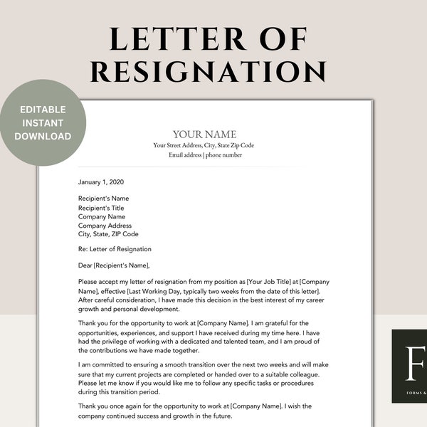 Resignation Letter Template| Editable | Microsoft Word