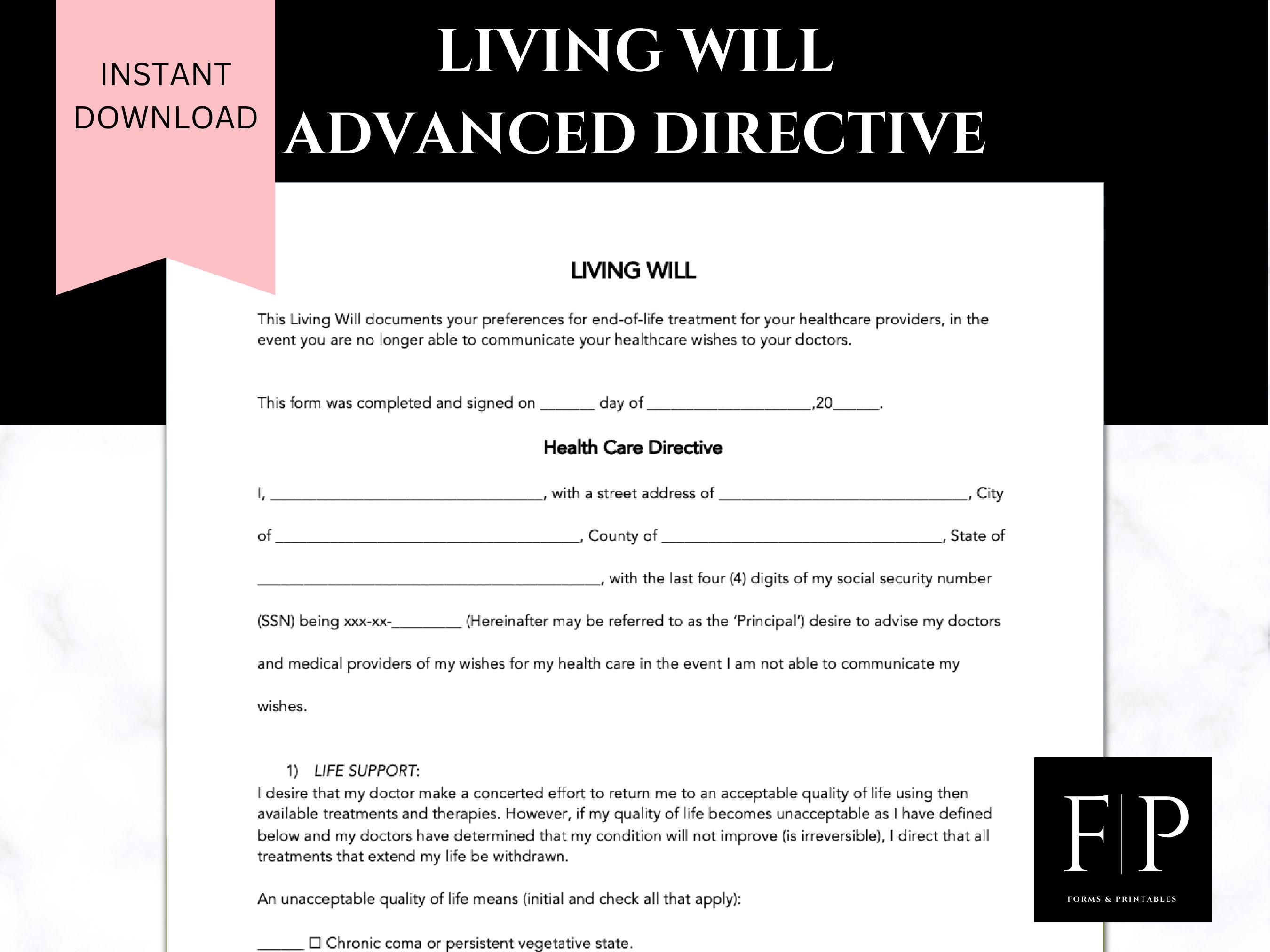 Living will form health care directive advanced directives etsy