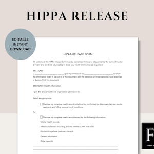 HIPPA Release Form | Hippa Form | Hippa Compliance Form | Hippa Consent Template | Hippa Waiver Form | MS Word | PDF | Instant Download