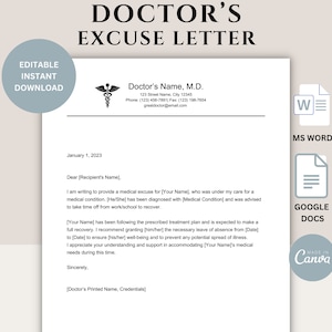 Carta de excusa médica con firma / Nota médica para el trabajo o la escuela / Editable / Plantilla CANVA / Documentos de GOOGLE / Microsoft WORD