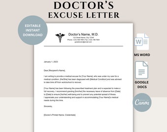 Doctor's Note Template | Doctor's Excuse Letter | Doctor Excuse Work School | Editable | CANVA Template | GOOGLE Docs | Microsoft WORD