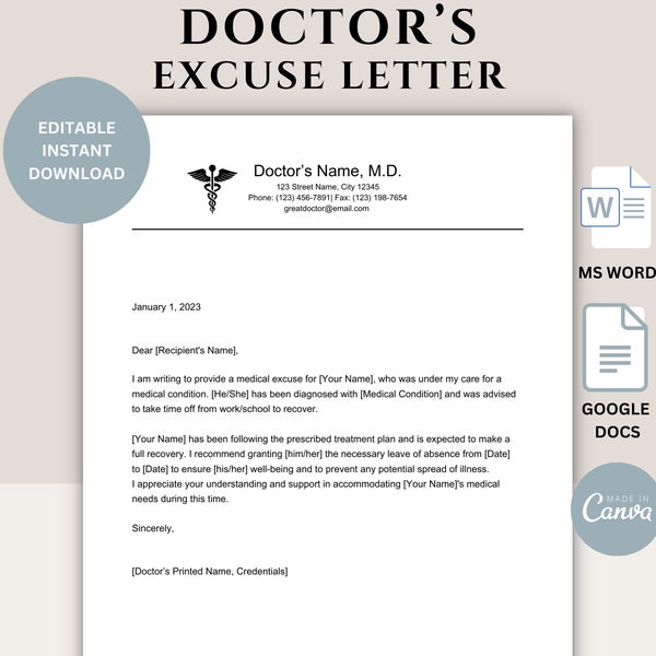 de note du médecin | Lettre d'excuses du médecin | Doctor Excuse Work School | Modifiable | Modèle CANVA | Google Documents | Microsoft Word