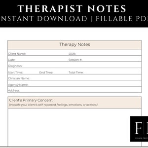 Puede incluir: Una plantilla de notas de terapeuta imprimible en formato PDF. La plantilla incluye campos para el nombre del cliente, la fecha, el diagnóstico, la hora de inicio, la hora de finalización, el tiempo total, el nombre del clínico, el nombre de la agencia, la dirección y la principal preocupación del cliente.