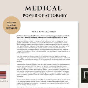 May include: A printable medical power of attorney form with the text "Medical Power of Attorney" in bold at the top. The form is specific to the U.S.A. and includes instructions on how to designate an agent to make medical decisions on your behalf.