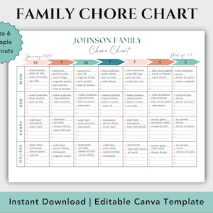 Cuadro de tareas familiares / Planificador de limpieza editable / Lista de verificación de limpieza imprimible / Tareas domésticas semanales / Cuadro de tareas para adultos / Cuadro de tareas para TDAH