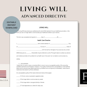 Living Will Form | Health Care Directive | Advanced Directives Form | U.S.A. SPECIFIC