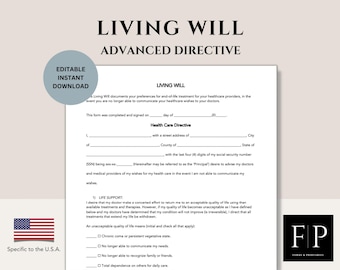 Living Will Form | Health Care Directive | Advanced Directives Form | U.S.A. SPECIFIC