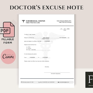 Könnte beinhalten: Ein druckbares ärztliches Attest mit einem medizinischen Symbol, dem Text "Doctor's Excuse Note" und dem Text "EVM Medical Center Family Practice Clinic".