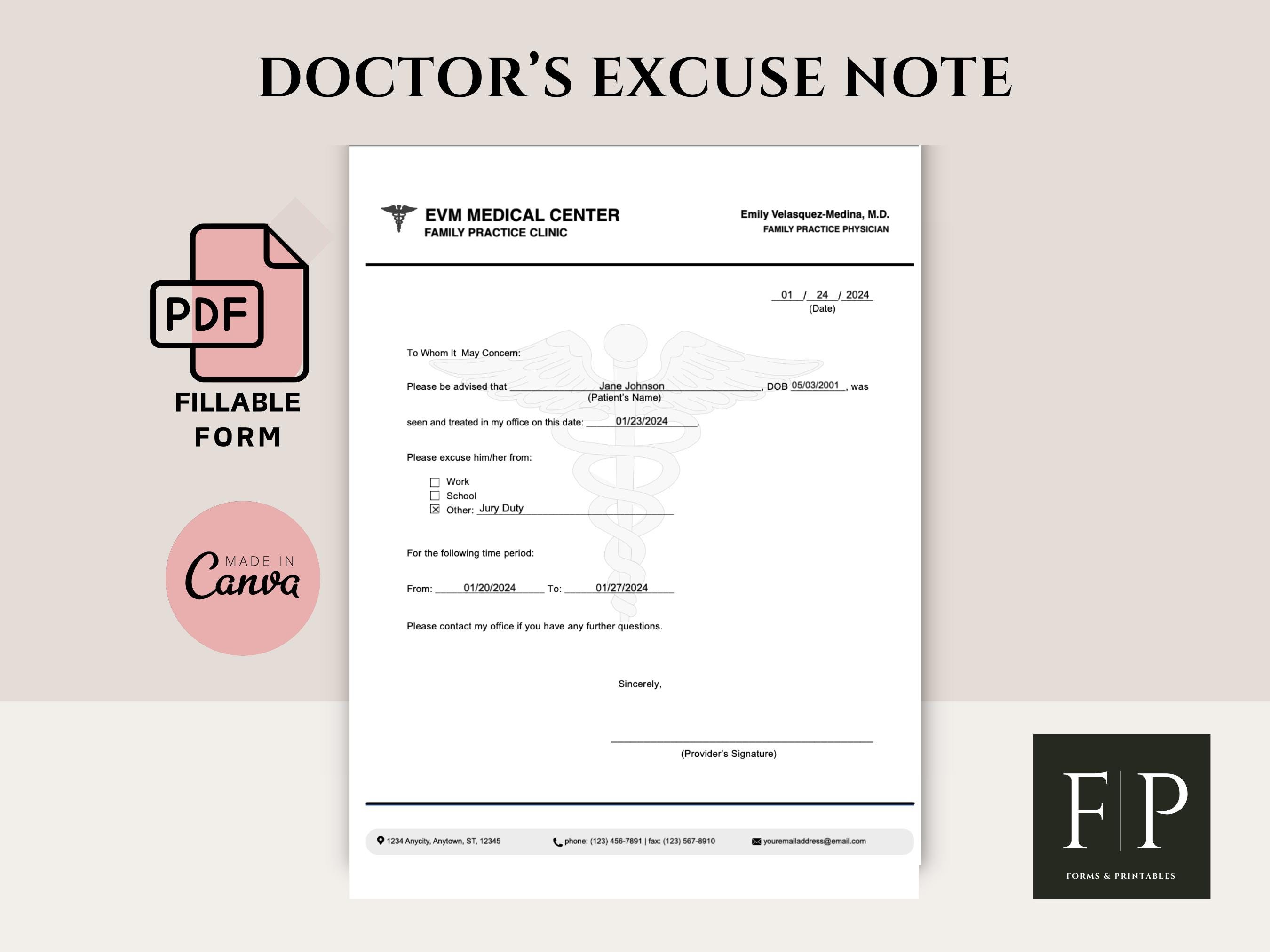 健康・医学 year note/Quick Check Fillable Doctor's Excuse Note Template (PDF) - Etsy