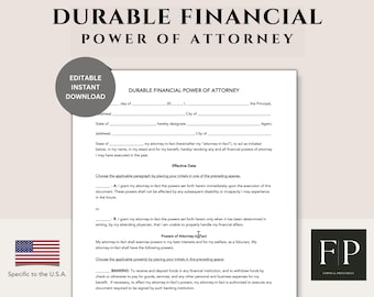 Durable Financial Power of Attorney Template | POA Form | Financial Power of Attorney Form | U.S.A. SPECIFIC