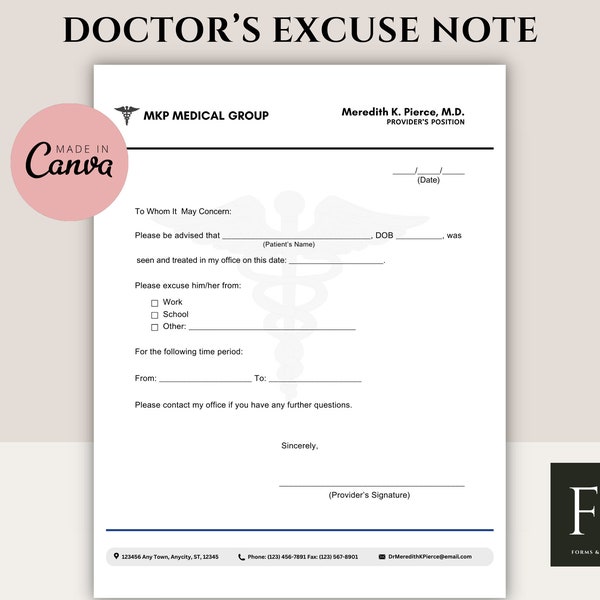 Fillable Doctor’s Excuse Note | Doctor Excuse Work School | Editable CANVA TEMPLATE | Doctor Note