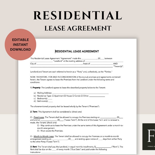 Residential Lease Agreement Template | Rental Agreement Form | Editable Residential Form | Property Forms