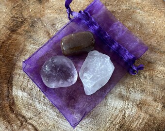 Spirit Elemental Crystal Set, Connection, Universe, Spiritual Ether Purple Aventurine, Amethyst Clear Quartz Gift Set Star Sign Crystal Pack