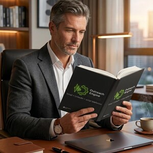 May include: A man in a grey suit reads a book titled "Outreach Engine". The book has a black cover with green and white text. A laptop, pen, and coffee cup are on the desk. The scene is set in an office.