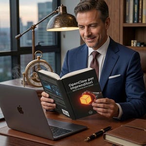 May include: A man in a blue suit reads a book titled "OpenClaw per Imprenditori" with a laptop and pen on a wooden desk. A vintage clock and lamp are visible in the background. The book cover features a robotic arm holding a glowing cube.
