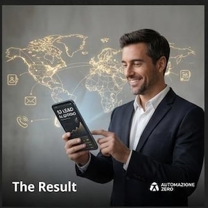 May include: A man in a suit smiles at a smartphone showing a graph, set against a backdrop of a world map with connected lines and icons. The text "The Result" is at the bottom of the image.