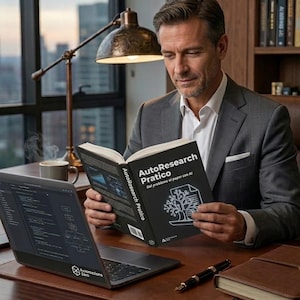 Puede incluir: Un hombre con un traje gris lee un libro titulado "AutoResearch Pratico" con el subtítulo "Dal problema al paper con AI". Una computadora portátil que muestra código está abierta sobre el escritorio. También se ven un bolígrafo, un cuaderno y una taza de café.