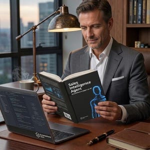 Può includere: Un uomo in giacca grigia legge un libro intitolato "Sales Intelligence Agent" a una scrivania. Un laptop che mostra codice, una penna, un taccuino e una tazza di caffè sono anche sulla scrivania. Una lampada fornisce luce.