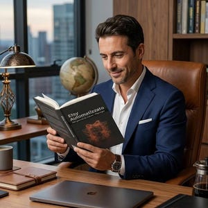 May include: A man in a blue blazer and white shirt reads a book titled "Etsy Automatizzato" at a wooden desk. A laptop, notebooks, a coffee cup, and a globe are also on the desk. The background includes a window with a city view and a bookshelf.