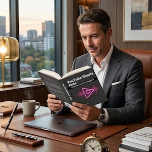 Può includere: Un uomo in giacca grigia legge un libro intitolato "YouTube Shorts Auto" a una scrivania di legno. La copertina del libro presenta una grafica rosa e viola. Un laptop, una penna, una tazza di caffè e un orologio sono anche sulla scrivania.