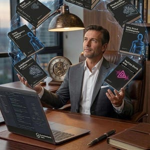 May include: A man in a suit sits at a desk with a laptop and several books floating around him. The books have titles like "Sales Intelligence Agent" and "Email Outreach." The laptop displays code, and the desk has a pen and notebook.