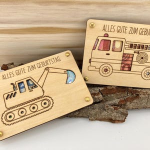 Geldgeschenk | Geschenkkarte aus Holz, FEUERWEHR BAGGER, Wunscherfüller, Holzkarte für Geldscheine, Geschenk zum Geburtstag Glückwunschkarte